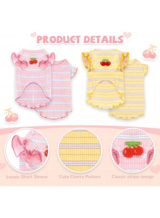 CLENEA 2 Pack Striped Small Dog T-Shirt, Cute Cherry Design, Breathable Soft Cotton Sleeveless Vest for Small Dogs and Cats, Spring and Summer Doggy Outfits (Pink + Yellow, Large) - Image 5